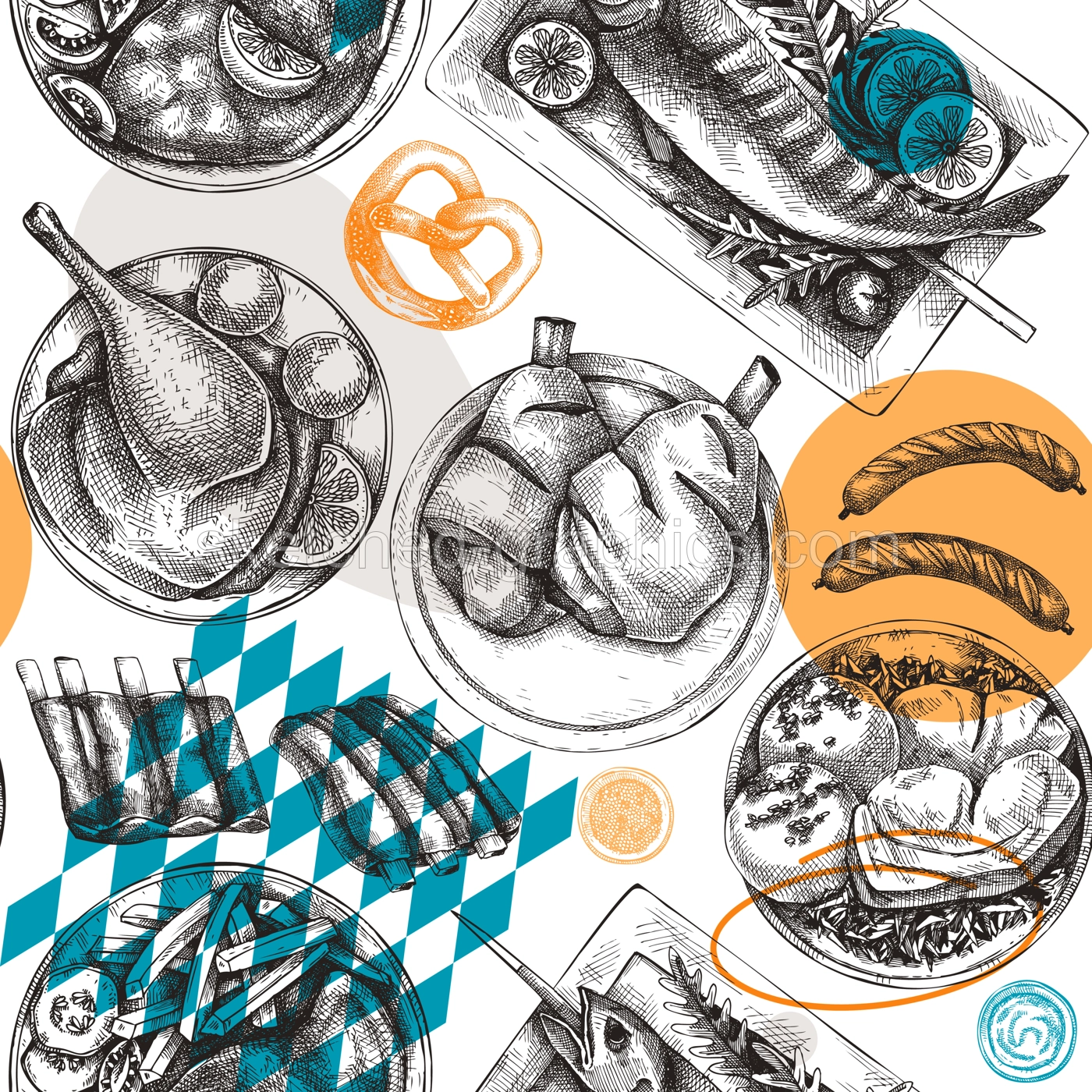 Oktoberfest background. German cuisine menu design. Pretzel, roast pork, ham hocks, sausages, ribs, grilled fish on table. Grilled meat dishes seamless pattern. Restaurant backdrop in collage style Illustration